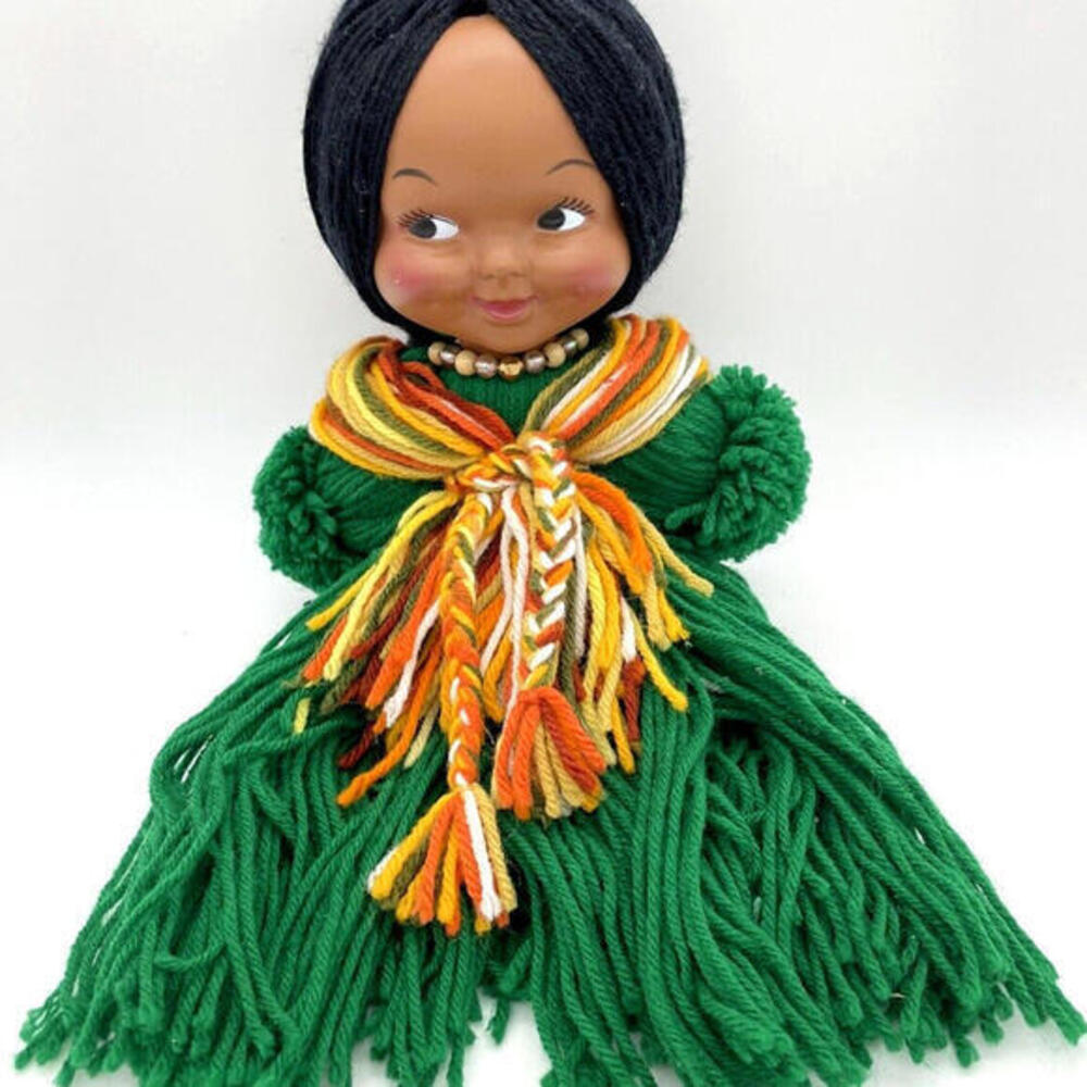 Native American Indian Girl Yarn Doll 16" Celluloid Face Handmade Vintage